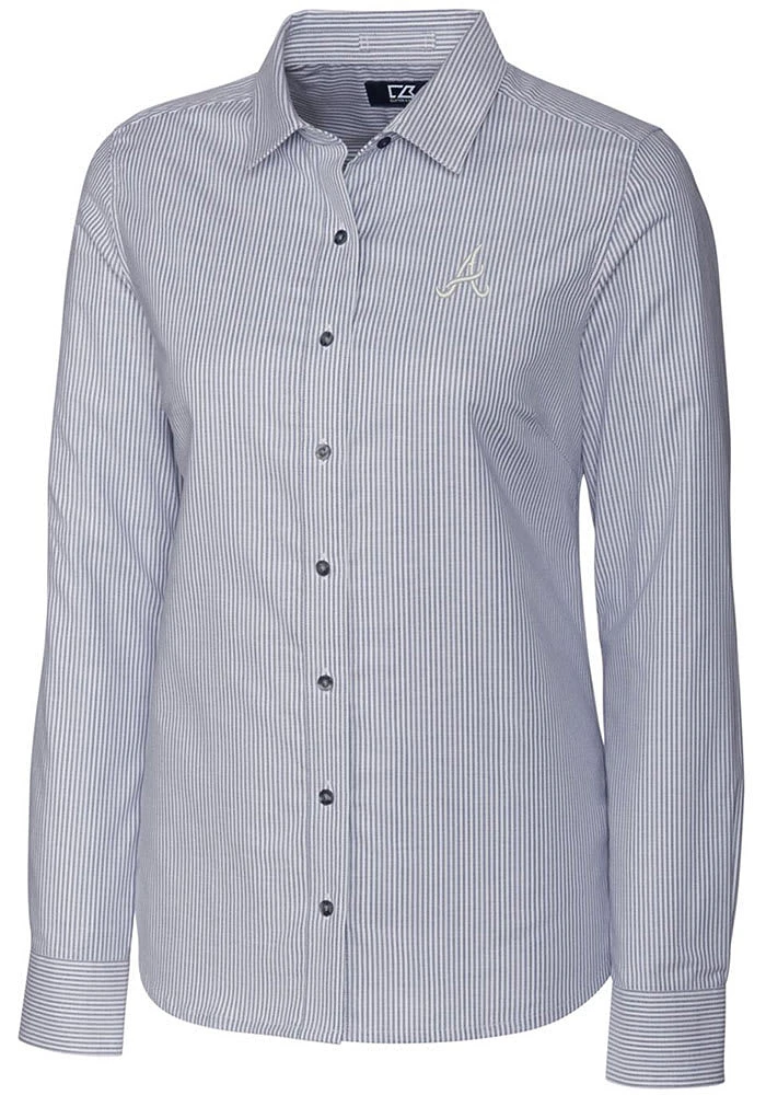Cutter and Buck Atlanta Braves Womens Stretch Oxford Stripe Long Sleeve Grey Dress Shirt