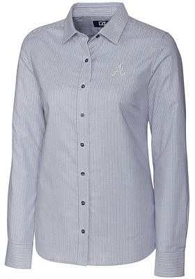 Cutter and Buck Atlanta Braves Womens Stretch Oxford Stripe Long Sleeve Grey Dress Shirt