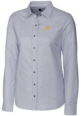 Cutter and Buck Pittsburgh Pirates Womens Stretch Oxford Stripe Long Sleeve Grey Dress Shirt