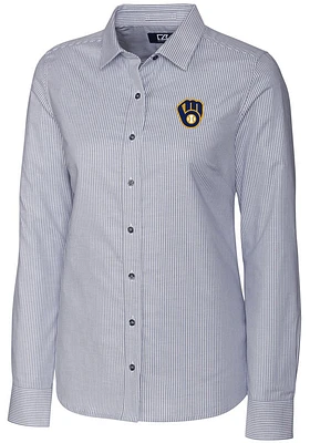 Cutter and Buck Milwaukee Brewers Womens Stretch Oxford Stripe Long Sleeve Grey Dress Shirt