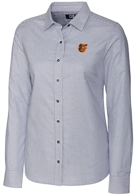 Cutter and Buck Baltimore Orioles Womens Stretch Oxford Stripe Long Sleeve Grey Dress Shirt