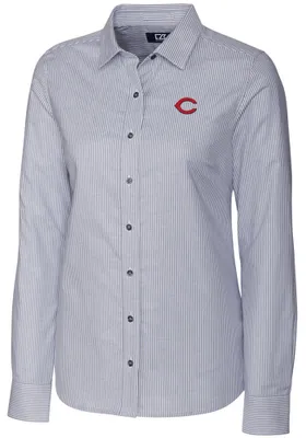 Cutter and Buck Cincinnati Reds Womens Stretch Oxford Stripe Long Sleeve Grey Dress Shirt