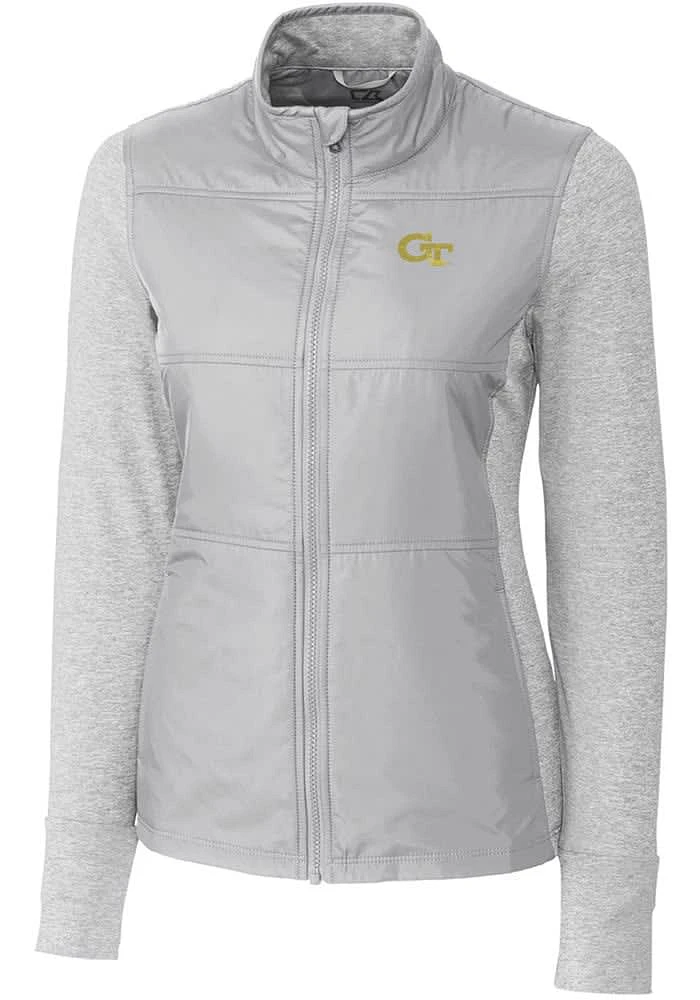 Cutter and Buck GA Tech Yellow Jackets Womens Grey Stealth Hybrid Quilted Medium Weight Jacket