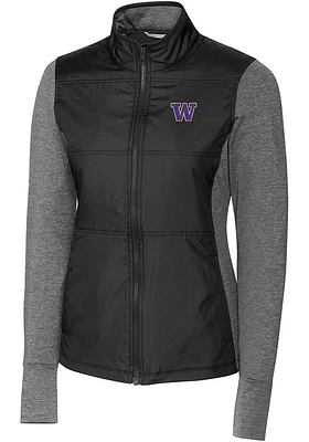 Womens Washington Huskies Black Cutter and Buck Stealth Hybrid Quilted Medium Weight Jacket