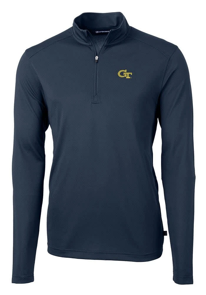 Cutter and Buck GA Tech Yellow Jackets Mens Navy Blue Virtue Eco Pique Long Sleeve Qtr Zip Pullove..