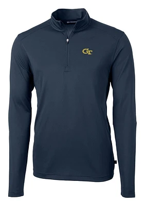 Cutter and Buck GA Tech Yellow Jackets Mens Navy Blue Virtue Eco Pique Long Sleeve Qtr Zip Pullove..