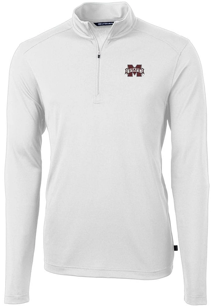 Cutter and Buck Mississippi State Bulldogs Mens White Virtue Eco Pique Long Sleeve Qtr Zip Pullo..