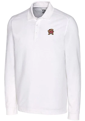 Mens Maryland Terrapins White Cutter and Buck Advantage Pique Long Sleeve Polo Shirt