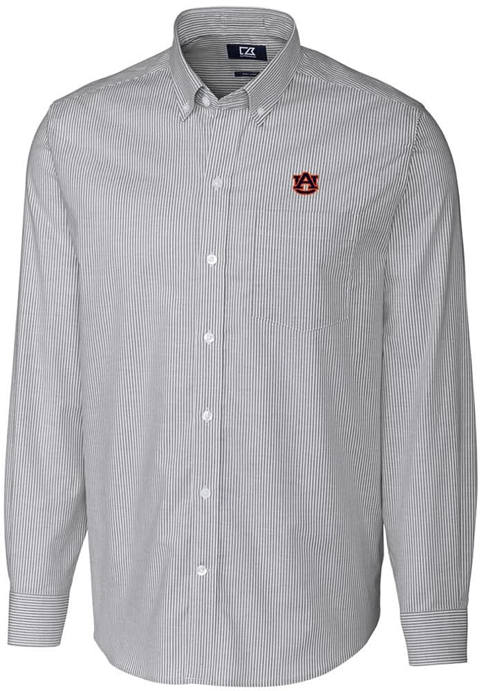 Cutter and Buck Auburn Tigers Mens Charcoal Stretch Oxford Stripe Long Sleeve Dress Shirt
