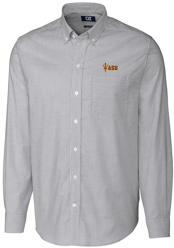 Cutter and Buck Arizona State Sun Devils Mens Charcoal Stretch Oxford Stripe Long Sleeve Dress S..