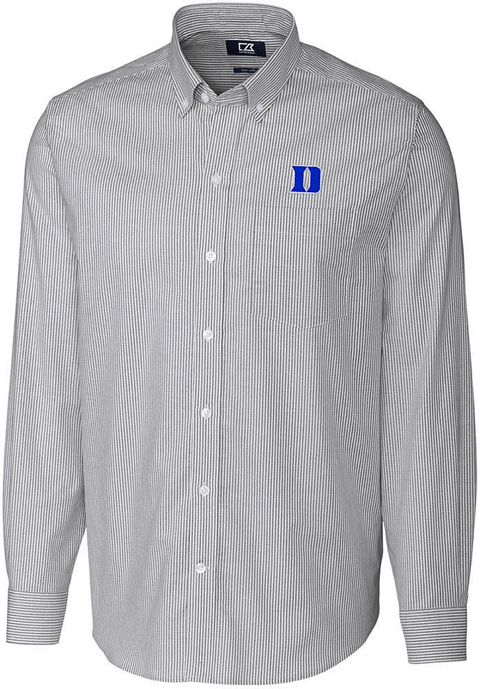Cutter and Buck Duke Blue Devils Mens Charcoal Stretch Oxford Stripe Long Sleeve Dress Shirt
