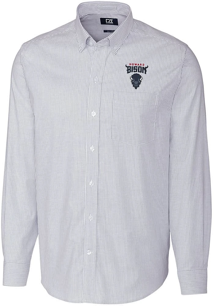 Cutter and Buck Howard Bison Mens Navy Blue Stretch Oxford Stripe Long Sleeve Dress Shirt