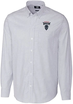 Cutter and Buck Howard Bison Mens Navy Blue Stretch Oxford Stripe Long Sleeve Dress Shirt