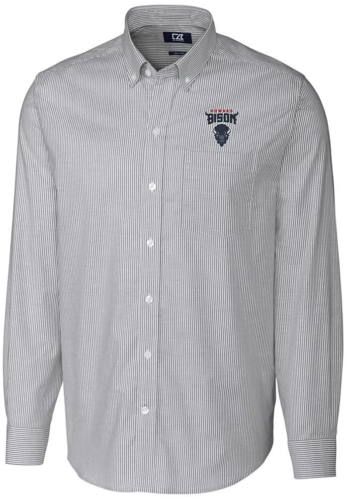 Cutter and Buck Howard Bison Mens Charcoal Stretch Oxford Stripe Long Sleeve Dress Shirt