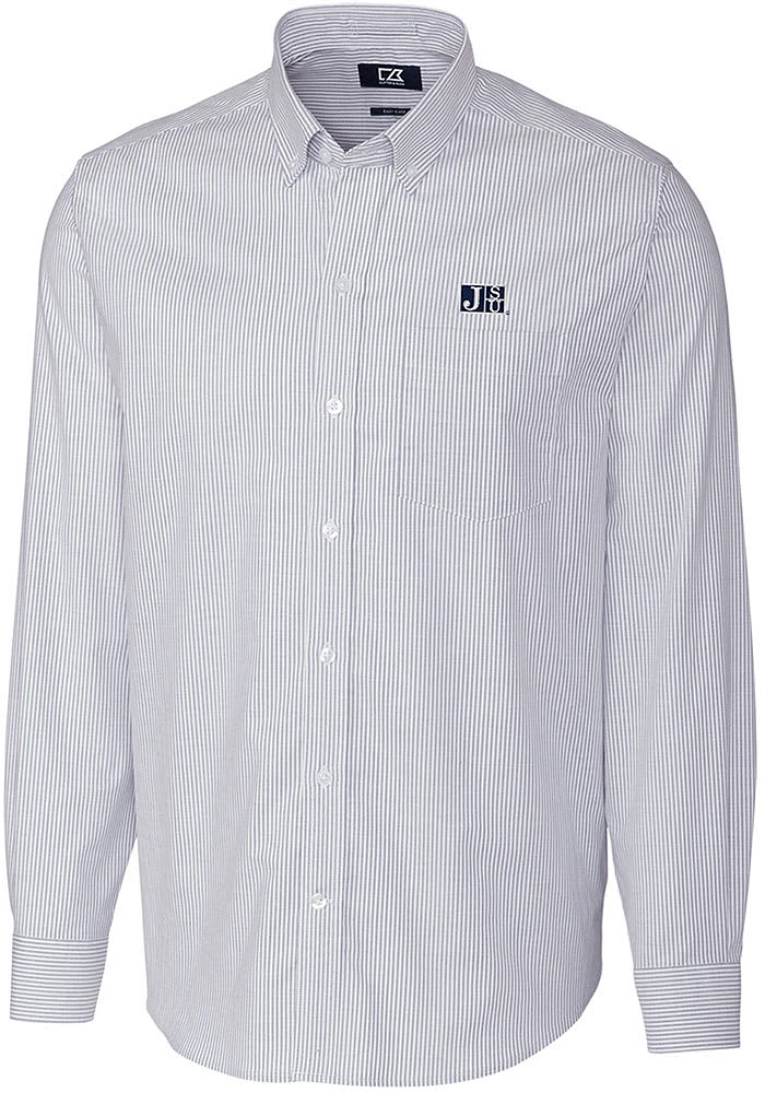 Cutter and Buck Jackson State Tigers Mens Navy Blue Stretch Oxford Stripe Long Sleeve Dress Shir..