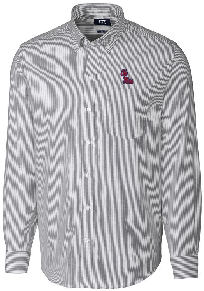 Cutter and Buck Ole Miss Rebels Mens Charcoal Stretch Oxford Stripe Long Sleeve Dress Shirt