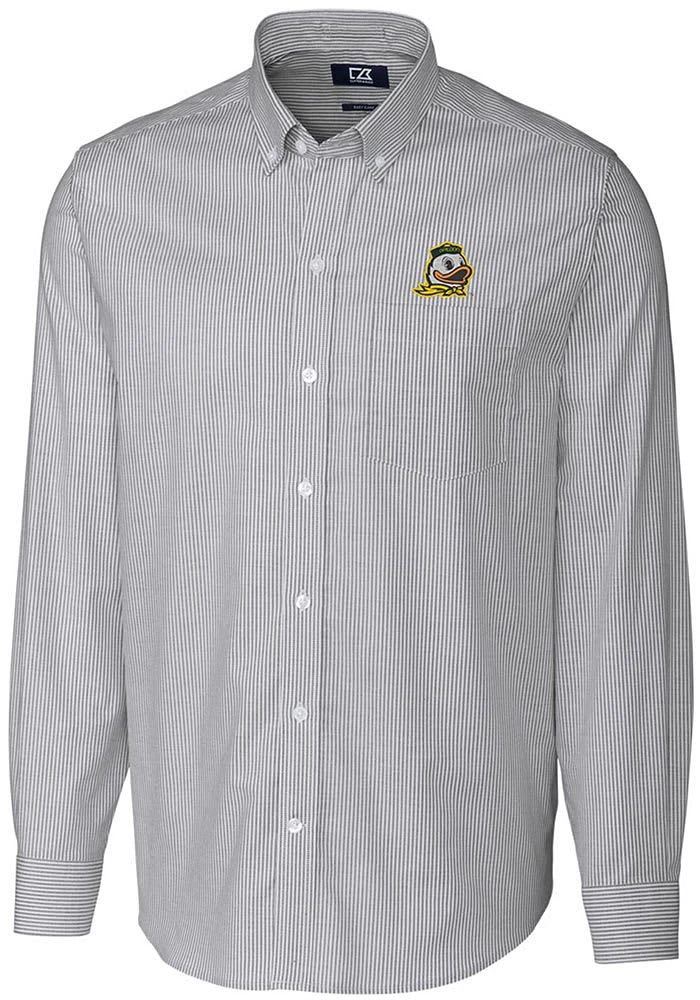 Mens Oregon Ducks Charcoal Cutter and Buck Stretch Oxford Stripe Long Sleeve Dress Shirt