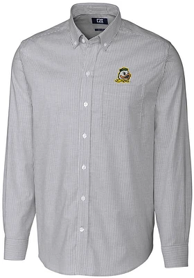 Mens Oregon Ducks Charcoal Cutter and Buck Stretch Oxford Stripe Long Sleeve Dress Shirt
