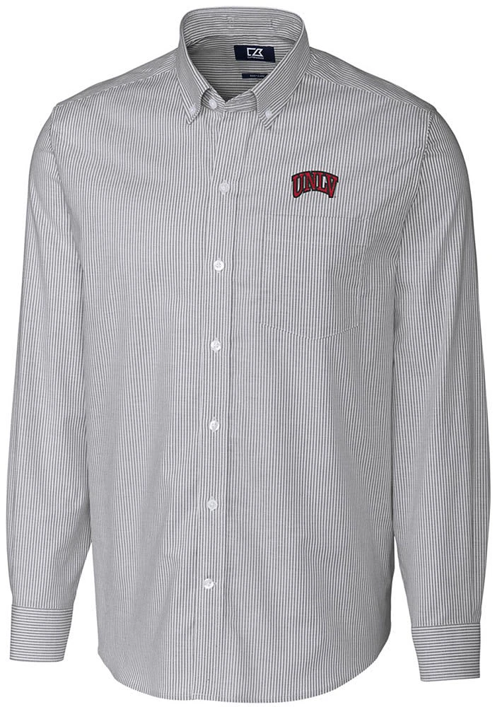 Cutter and Buck UNLV Runnin Rebels Mens Charcoal Stretch Oxford Stripe Long Sleeve Dress Shirt