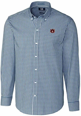 Cutter and Buck Auburn Tigers Mens Navy Blue Easy Care Gingham Long Sleeve Dress Shirt