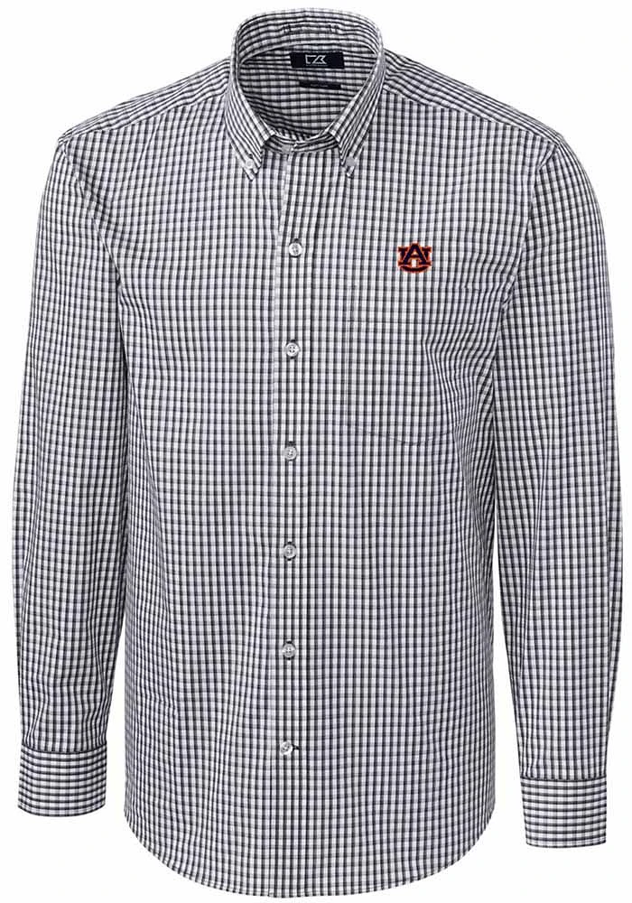 Cutter and Buck Auburn Tigers Mens Charcoal Easy Care Gingham Long Sleeve Dress Shirt