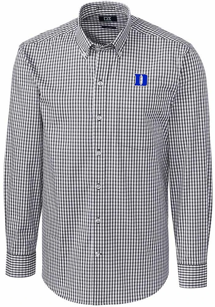 Cutter and Buck Duke Blue Devils Mens Charcoal Easy Care Gingham Long Sleeve Dress Shirt