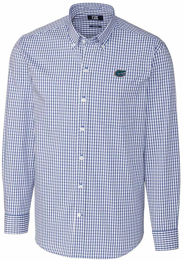 Cutter and Buck Florida Gators Mens Blue Easy Care Gingham Long Sleeve Dress Shirt