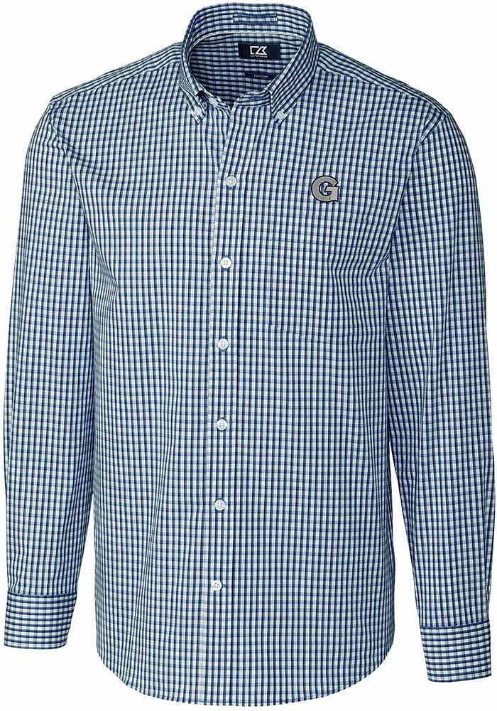 Cutter and Buck Georgetown Hoyas Mens Navy Blue Easy Care Gingham Long Sleeve Dress Shirt