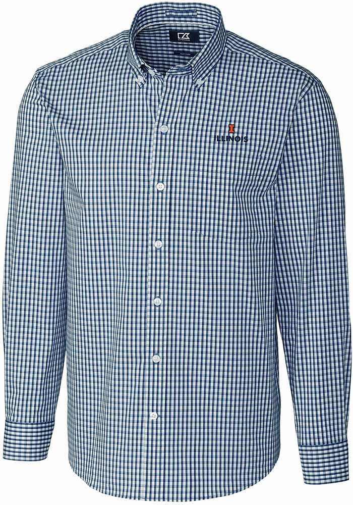 Mens Illinois Fighting Illini Navy Blue Cutter and Buck Easy Care Gingham Long Sleeve Dress Shir..