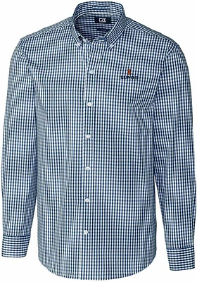 Mens Illinois Fighting Illini Navy Blue Cutter and Buck Easy Care Gingham Long Sleeve Dress Shir..