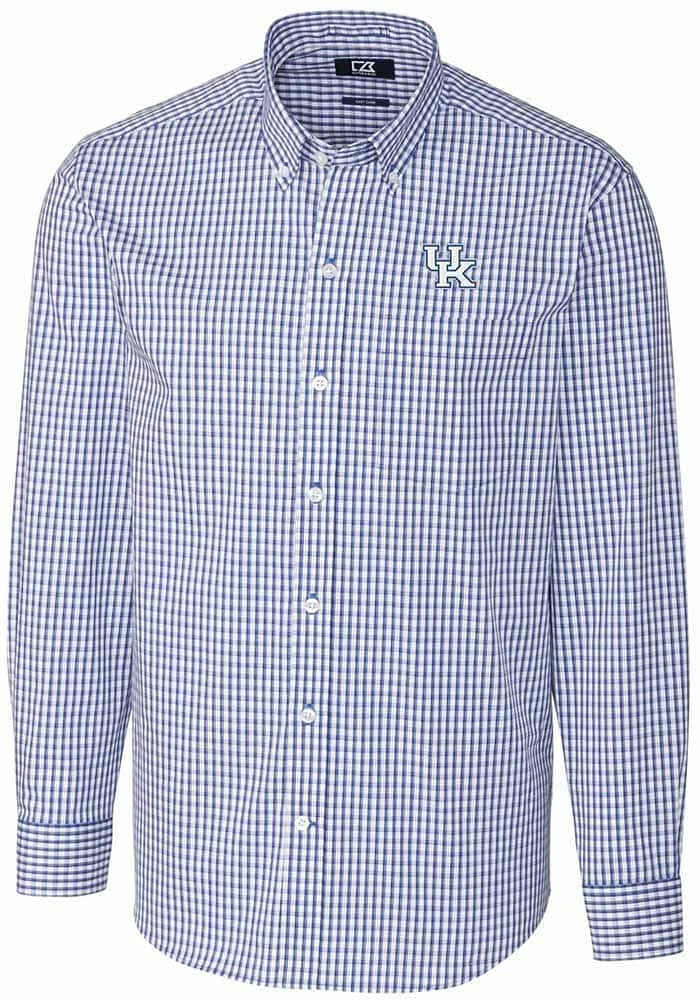 Cutter and Buck Kentucky Wildcats Mens Blue Easy Care Gingham Long Sleeve Dress Shirt