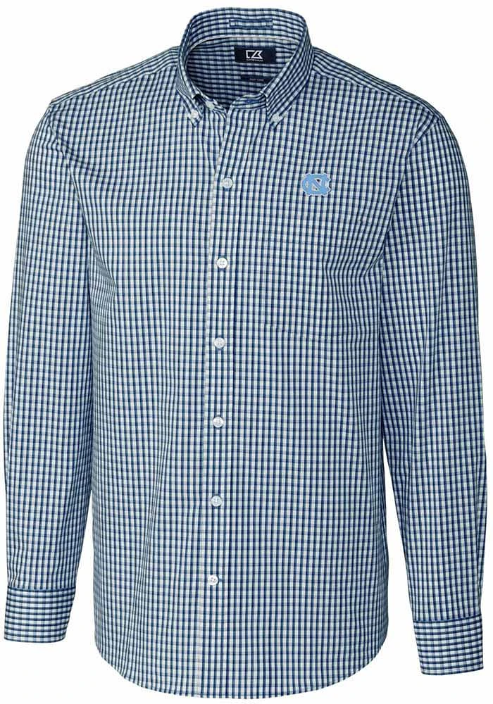 Cutter and Buck North Carolina Tar Heels Mens Navy Blue Easy Care Gingham Long Sleeve Dress Shirt