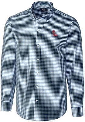 Cutter and Buck Ole Miss Rebels Mens Navy Blue Easy Care Gingham Long Sleeve Dress Shirt