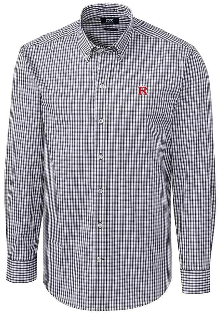 Mens Rutgers Scarlet Knights Charcoal Cutter and Buck Easy Care Gingham Long Sleeve Dress Shirt