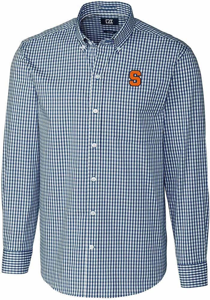 Cutter and Buck Syracuse Orange Mens Navy Blue Easy Care Gingham Long Sleeve Dress Shirt