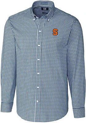 Cutter and Buck Syracuse Orange Mens Navy Blue Easy Care Gingham Long Sleeve Dress Shirt