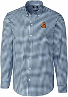 Cutter and Buck Syracuse Orange Mens Navy Blue Easy Care Gingham Long Sleeve Dress Shirt
