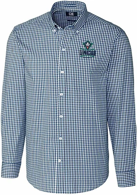 Cutter and Buck UNCW Seahawks Mens Navy Blue Easy Care Gingham Long Sleeve Dress Shirt