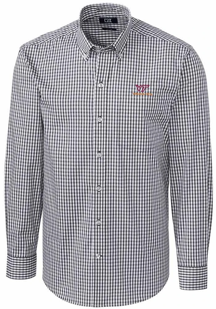 Cutter and Buck Virginia Tech Hokies Mens Charcoal Easy Care Gingham Long Sleeve Dress Shirt