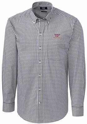 Cutter and Buck Virginia Tech Hokies Mens Charcoal Easy Care Gingham Long Sleeve Dress Shirt
