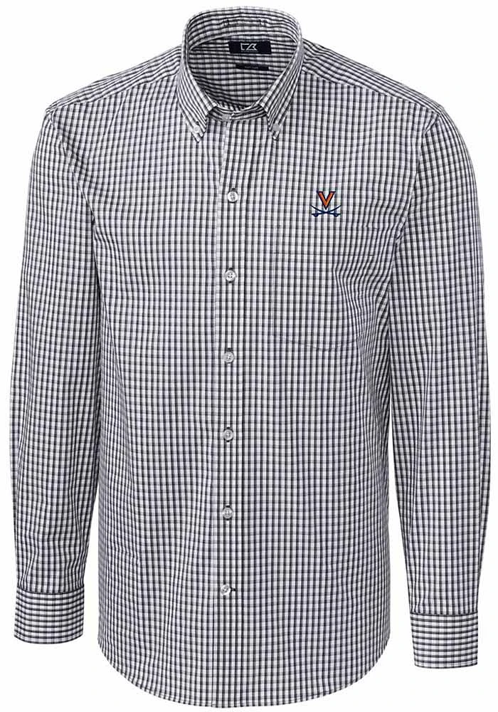 Cutter and Buck Virginia Cavaliers Mens Charcoal Easy Care Gingham Long Sleeve Dress Shirt