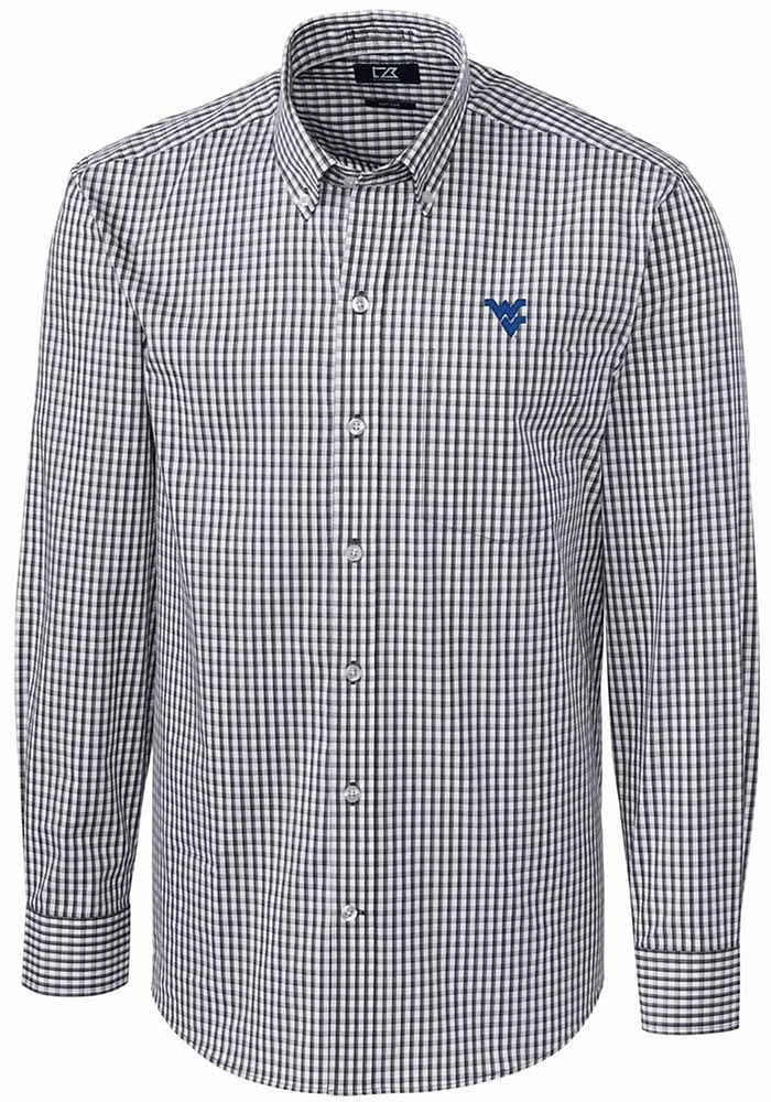 Cutter and Buck West Virginia Mountaineers Mens Charcoal Logo Easy Care Gingham Long Sleeve Dress..