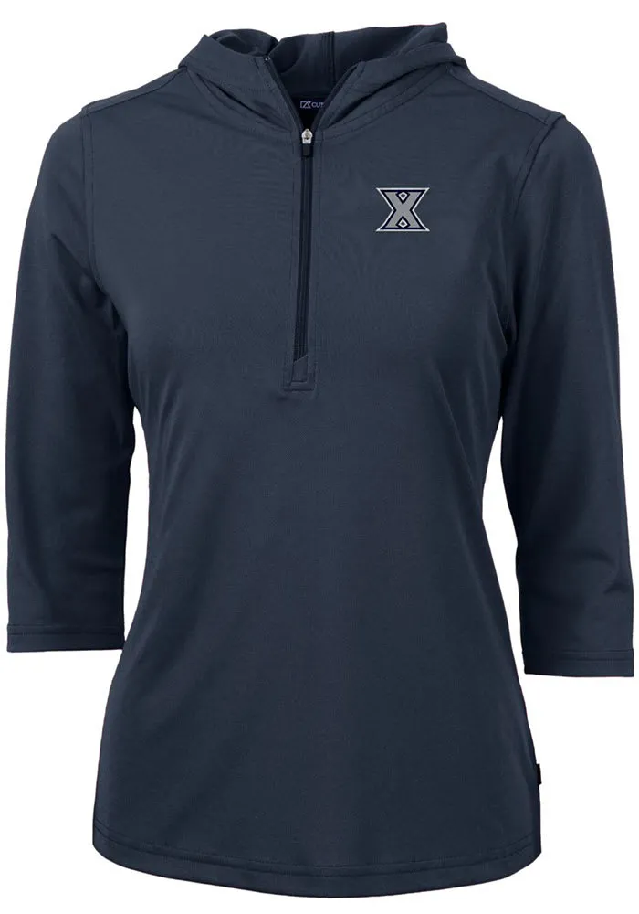 Cutter and Buck Xavier Musketeers Womens Navy Blue Virtue Eco Pique Hooded Sweatshirt