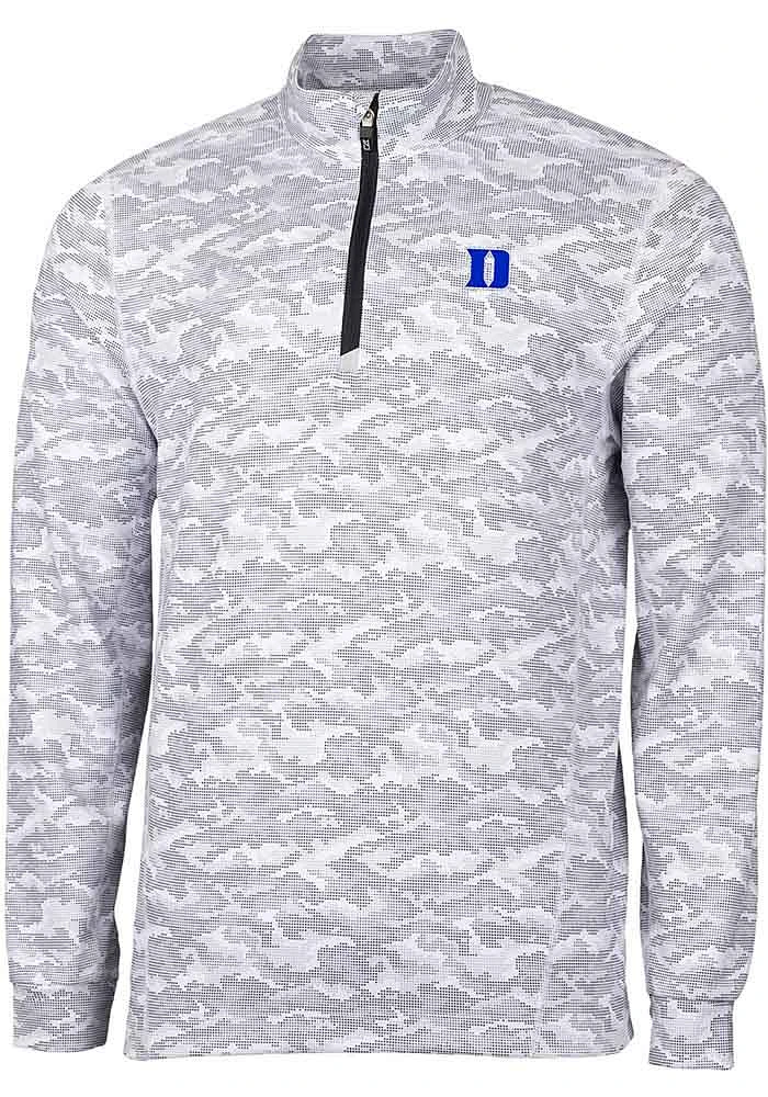Cutter and Buck Duke Blue Devils Mens Charcoal Traverse Camo Print Stretch Long Sleeve Qtr Zip P..
