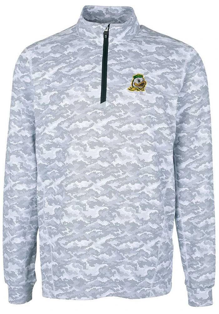 Mens Oregon Ducks Charcoal Cutter and Buck Traverse Camo Print Stretch Qtr Zip Pullover