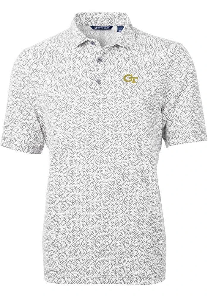 Cutter and Buck GA Tech Yellow Jackets Mens Grey Virtue Eco Pique Botanical Short Sleeve Polo
