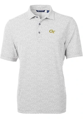 Cutter and Buck GA Tech Yellow Jackets Mens Grey Virtue Eco Pique Botanical Short Sleeve Polo
