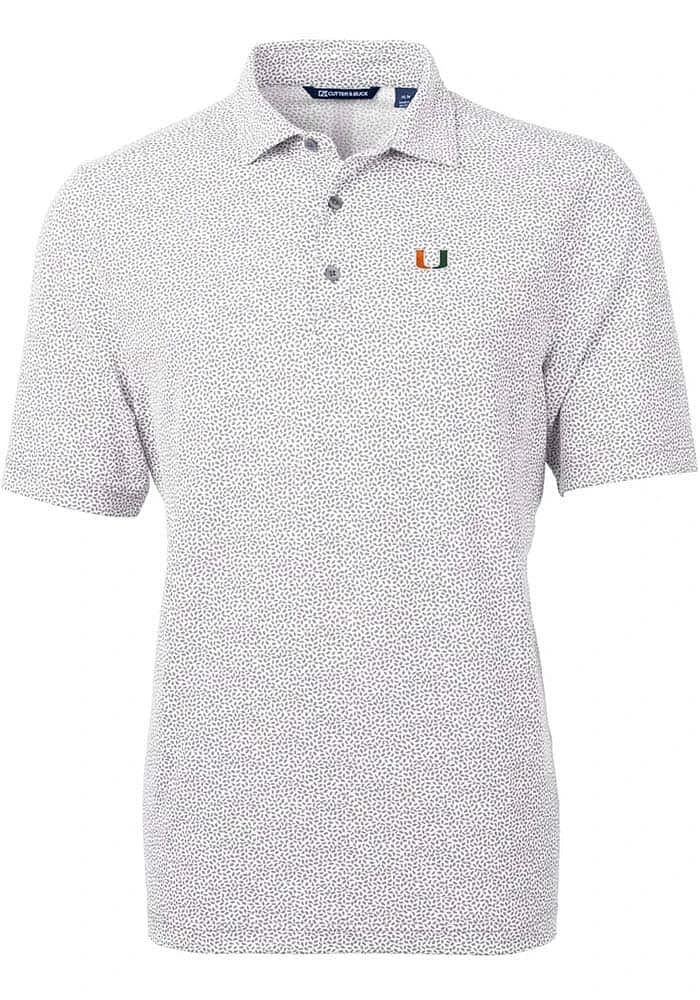 Cutter and Buck Miami Hurricanes Mens Grey Virtue Eco Pique Botanical Short Sleeve Polo