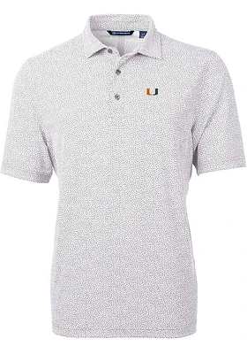 Cutter and Buck Miami Hurricanes Mens Grey Virtue Eco Pique Botanical Short Sleeve Polo