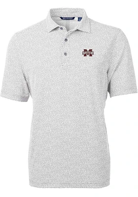 Cutter and Buck Mississippi State Bulldogs Mens Grey Virtue Eco Pique Botanical Short Sleeve Polo